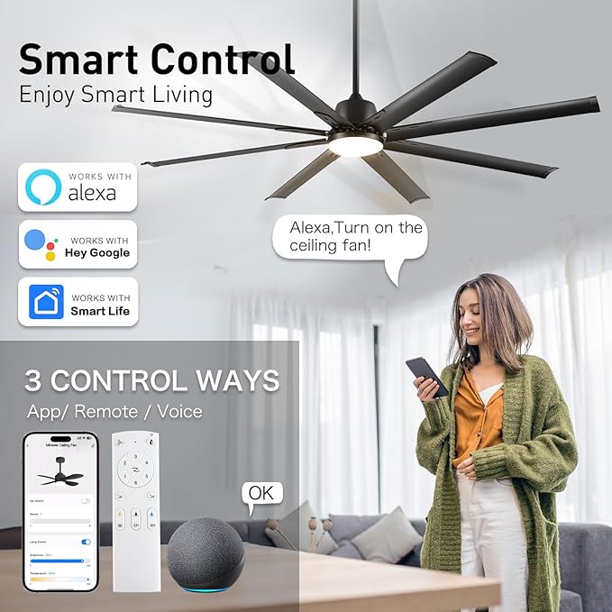 72 lnch lndustrial Smart Celing Fan with Light and Remote Control via WIFI Alexa,Large Celing Fan with 8 Black Aluminum Blades,6 Speed Noiseless DC Motor,Indoor Outdoor Ceiling Fans for Patio Garage