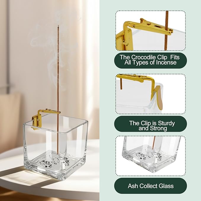 Incense Holder for Sticks: Long Time Burning Incense Burner with Glass Ash Catcher for Yoga Meditation - Installation Free Decoration Accessory for Home Room Apartment Decor