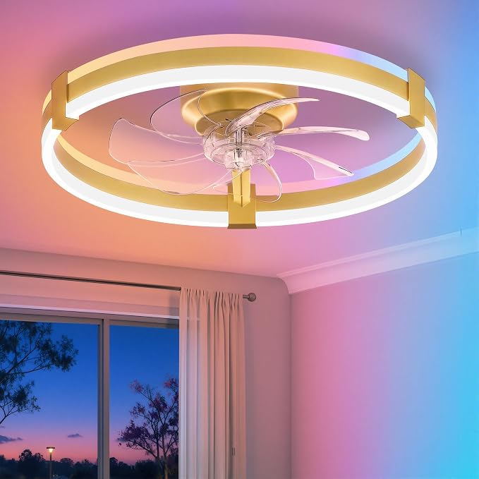 ZMISHIBO RGB Ceiling Fans with Lights and Remote, 20 inch Low Profile Ceiling Fan with Light, 3000K-6000K Dimmable & RGB, Modern Fandelier Flush Mount Ceiling Fan, Small LED Fan for Bedroom,Gold