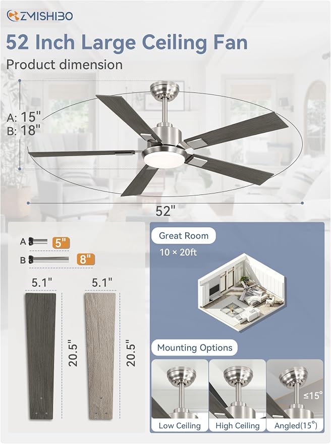 ZMISHIBO 52 inch Brushed Nickel Ceiling Fans with Lights and Remote, Indoor/Outdoor Modern Ceiling Fan for Bedroom Living Room Patio, 6 Speed Reversible Quiet DC Motor, 3 CCT, Dual Finish Blades