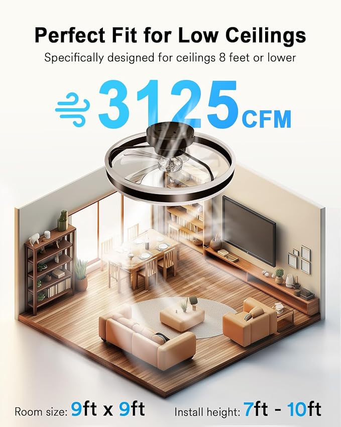 Lumary Smart WiFi Ceiling Fans with Lights, RGBAI Flush Mount Ceiling Fans with Lights and Remote, Dual Lighting Mode Modern LED Low Profile Ceiling Fan for Bedroom Works with Alexa Google, 20in Black