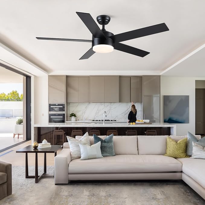 POCHFAN 52 inch Black Ceiling Fans with Lights and Remote Control, Noiseless Modern Ceiling Fan for Bedroom, Living Room, Dining Room, Dimmable 3CCT 6-Speed ETL Listed