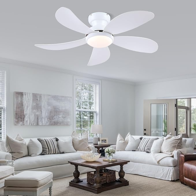 PHORUS 42" White Modern Low Profile Flush Mount Ceiling Fans with Lights | Super Large Airflow with 6 Wind Speeds, Reversible, Dimmable 3 CCT LED, 30W Noiseless DC Motor,Timer, for Bedroom Kitchen