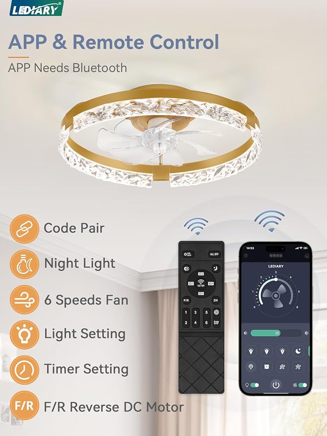 LEDIARY 20 Inch Low Profile Ceiling Fans with Lights and Remote, Fandelier Ceiling Fan Flush Mount, 3000K-6000K Dimmable LED Fan Light, Gold Modern Ceiling Fans with Lights for Bedroom