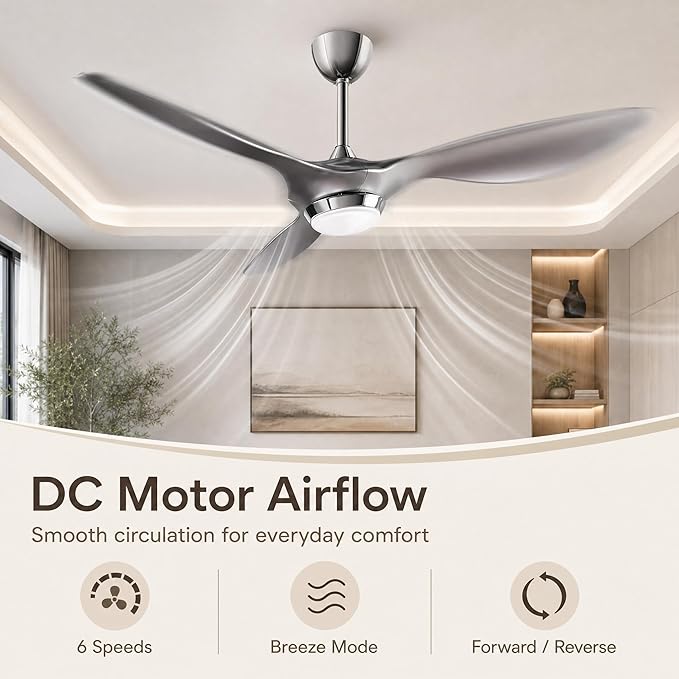 reiga Silver 52" Smart Ceiling Fan with Light, Quiet DC Bedroom 3 Blade Fan | Silent reversible motor, dimmable 3CCT LED light; remote/WiFi/voice control, 6&10in downrods, ETL certified for living room