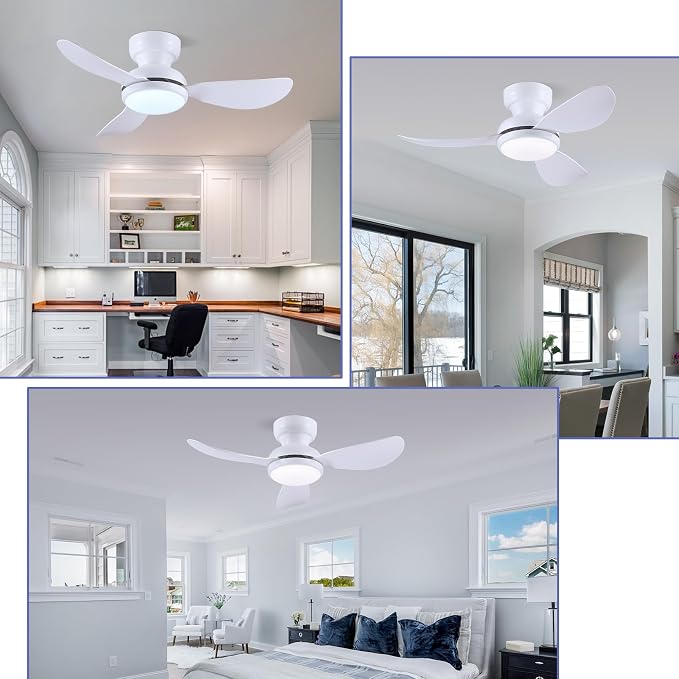 Kviflon 36 Inch Ceiling Fans with Lights, Small Flush Mount Ceiling Fan, Remote/APP Control, 3 Reversible Curved Blades, 6 Speeds, 3 CCT Dimmable Lights for Bedroom Kids Room, White