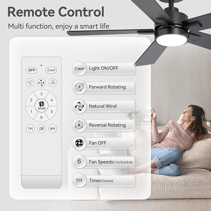 Ceiling Fans with LED Lights, 42 Inch 5-Blade Black Ceiling Fan Remote Control, Modern Ceiling Fan with Reversible DC Motor, Downrod Mount LED Ceiling Fan Light for Living Room Bedroom