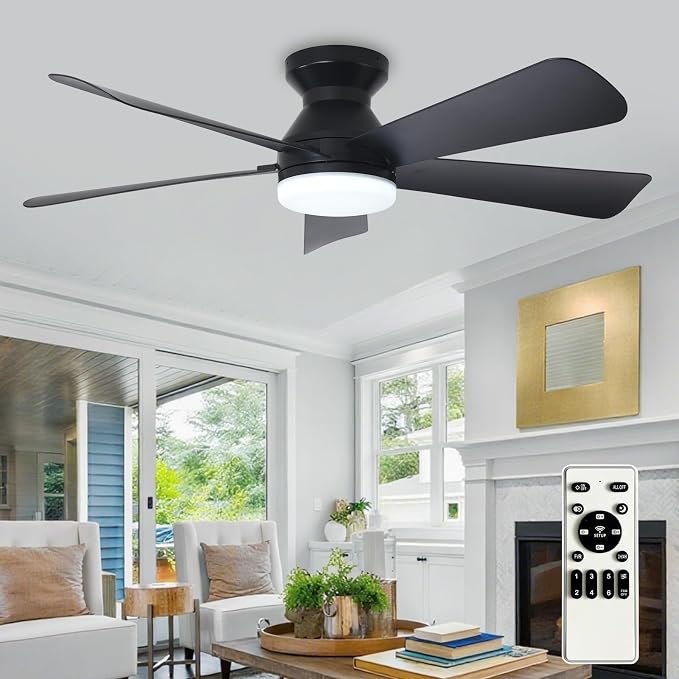 Depuley Modern Ceiling Fan with Light: 42-Inch Black Small Fans for Bedroom Indoor Outdoor - Dimmable Low Profile Ceiling Fans with Remote Control Flush Mount 5 Reversible Black Blades 6 Speeds Timer
