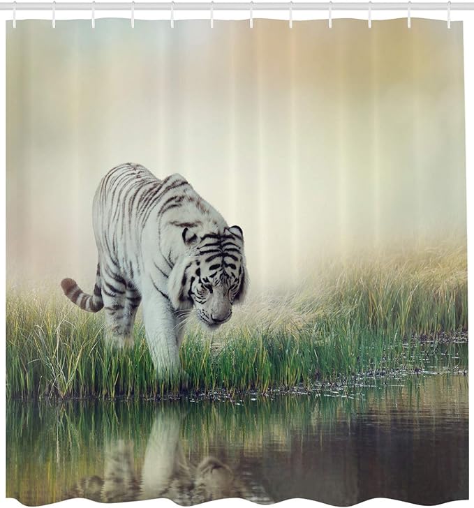 Ambesonne Wildlife Shower Curtain, Albino Tiger Near a River Exotic Animal Lover Themed Photo with Background, Cloth Fabric Bathroom Decor Set with Hooks, 69" W x 70" L, Green Ivory