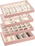 LANDICI Stackable Jewelry Organizer Trays 4 Set,PU Leather Jewelry Organizer Drawer,Jewelry Storage Display Tray for Earring Necklace Rings Bracelet with Removable Dividers,Pink