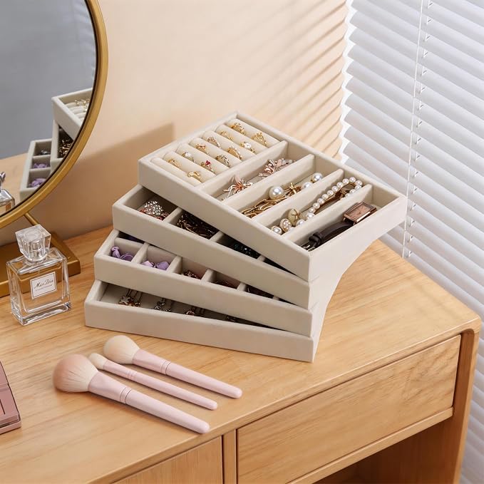 Velvet Jewelry Drawer Storage Tray, Set of 4 Stackable Drawer Organizer, Multifunctional Jewelry Display Organizer, Storage Box for Earrings, Rings, Necklaces, Bracelets, Brooches, Watches