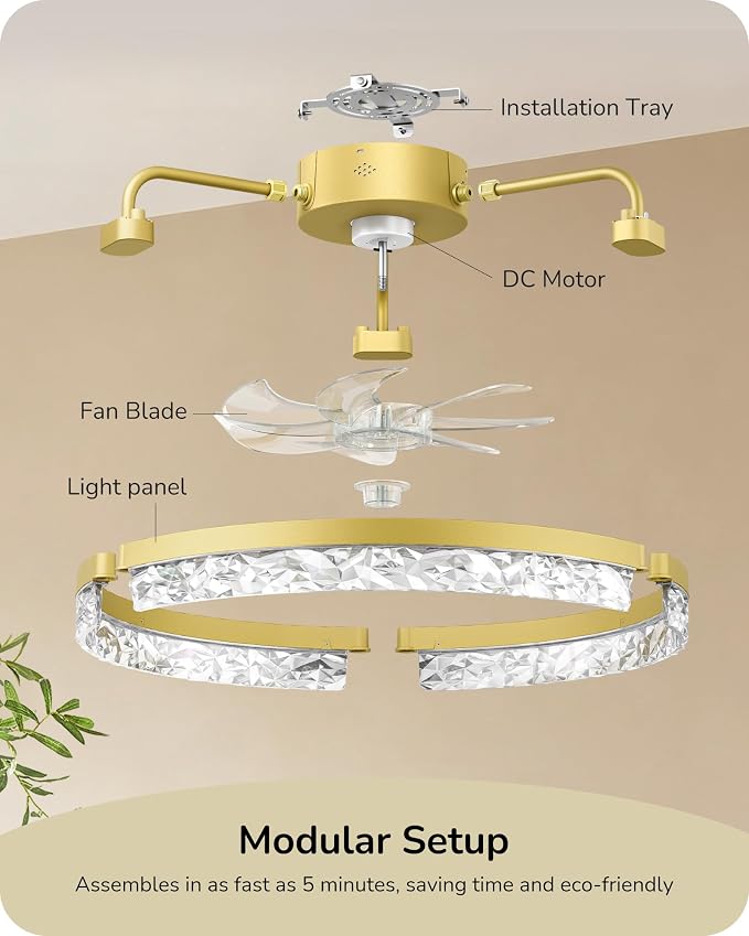 EDISHINE Ceiling Fans with Lights, 20'' Low Profile Flush Mount Fandelier, 3000-6000K Dimmable, 6 Speeds, App & Remote Control, DC Motor, LED Modern Bladeless Fan Light for Bedroom, Gold