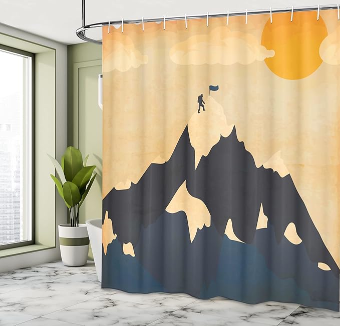 Ambesonne Vintage Shower Curtain, Man on Mountaintop with Flag Snowy Winter Sun Clouds Adventure Sports, Cloth Fabric Bathroom Decor Set with Hooks, 69" W x 75" L, Orange Mustard Dark Blue