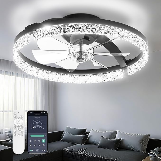 Ceiling Fans with Lights and Remote, Low Profile Ceiling Fan, Morden Flush Mount LED Fan Light, 3000K-6500K Dimmable for Bedroom, Kitchen, Living Room, Srystal, Black