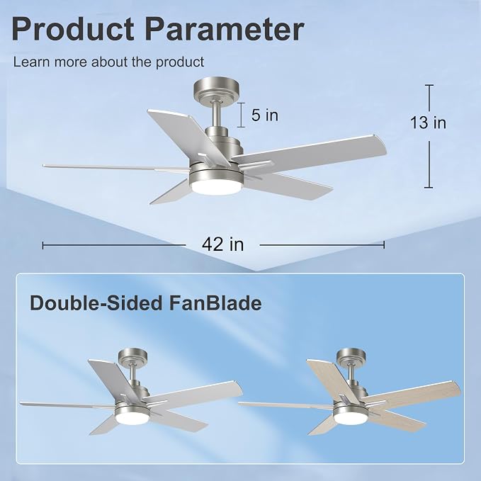 42 Inch Brushed Nickel Ceiling Fan with Light and Remote Control,Dimmable 3 Color Temperatures LED Ceiling Fan,6 Speeds Reversible DC Motor,5 Blades Modern Ceiling Fans for Indoor or Covered Outdoor