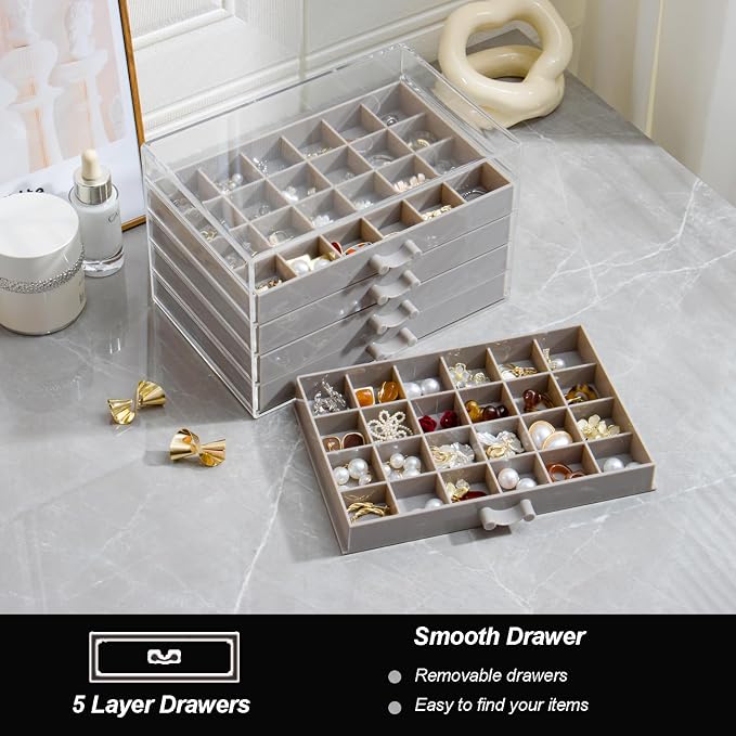 YUFONG Earring Storage Box Organizer, Acrylic Jewelry Storage Box Holder 5 Drawers Transparent Jewelry Display Stand with 120 Small Compartments Gift Boxes for Women Girls (Gray)