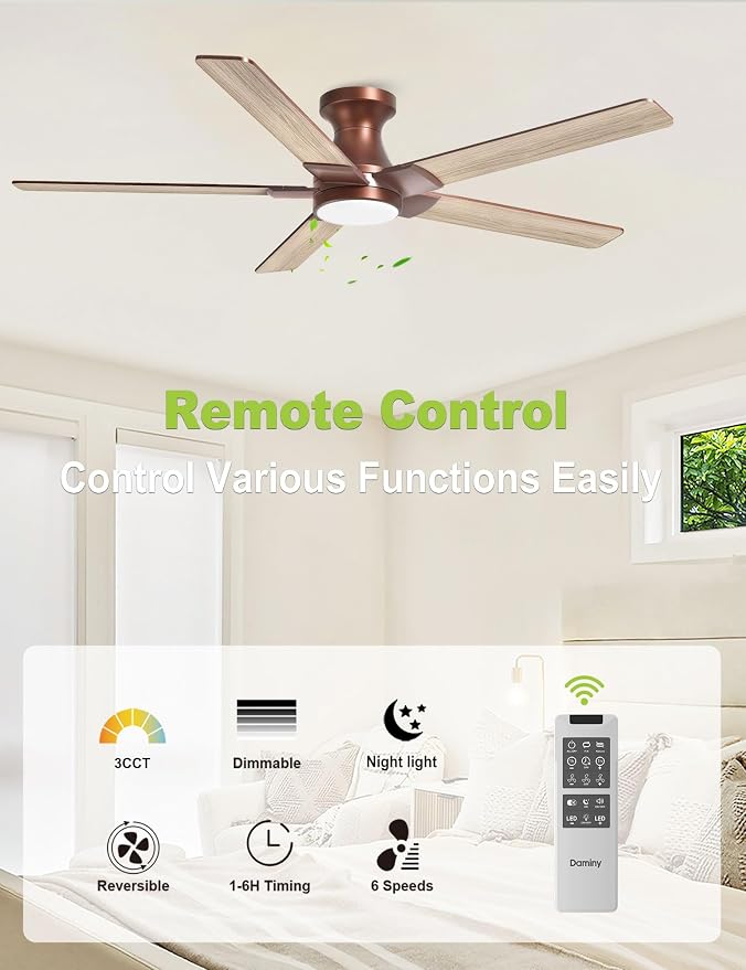 DAMINY 52 inch Brown Ceiling Fans with Lights,5 Blades,3CCT, Low Profile,Remote Control,for Bedroom, Kitchen,Living Room,Indoor/Outdoor Use,Flush Mount