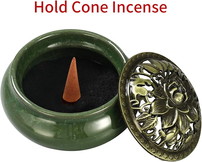 Miupoo Stick Incense Burner and Cone Incense Holder with Brass Incense Stick Holder Ceramic Ash Catcher (Dark Green)