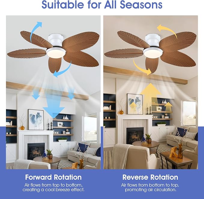 Kviflon Tropical Ceiling Fans with Lights and Remote/APP Control, 45 Inch Low Profile Flush Mount Ceiling Fans, Palm Leaf Ceiling Fan with Light for Bedroom Patios Porch Outdoor, Wood Grain
