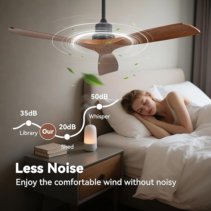 Sofucor Ceiling Fan no Lights, 52 Inch Low Profile Flush Mount Ceiling Fans with Remote, Modern Wood Ceiling Fan for Bedroom Indoor Outdoor, 6-Speed Reversible DC Motor Dimmable Timer
