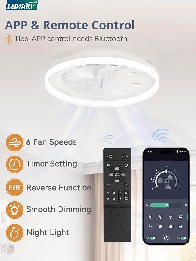 LEDIARY Ceiling Fans with Lights, 23 inch Low Profile Flush Mount Ceiling Fan, Dimmable LED, APP & Remote Control, Quiet Reversible DC Motor, 6 Speeds, Fandelier for Bedroom, White