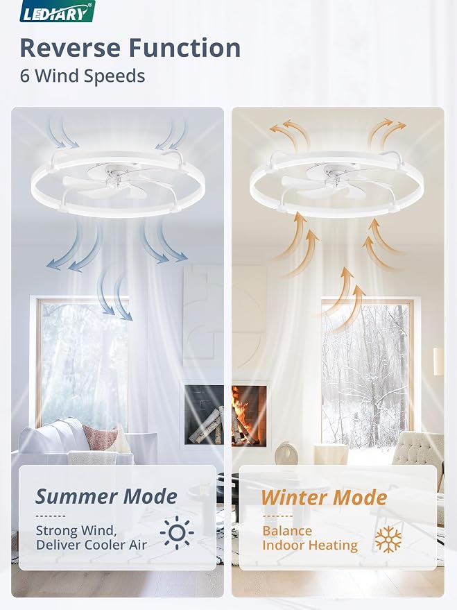 LEDIARY 30" Ceiling Fans with Lights and Remote, Low Profile Led Fan Light | Stepless Dimmable Fandelier, 6 Wind Speeds, Remote and APP Control, Flush Mount Ceiling Fan for Bedroom, Living Room, White