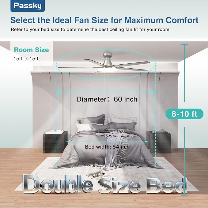 Passky Ceiling Fans with Lights, 60 inch Flush Mount Ceiling fan with Remote Control, Low Profile Ceiling Fan for Bedroom, Farmhouse, Reversible, 3CCT, Dimmable, Noiseless DC Motor, Silver