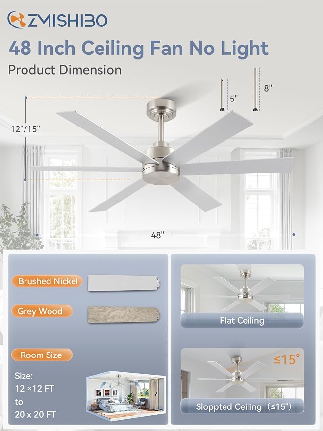 ZMISHIBO 48 Inch Ceiling Fans No Light, Brushed Nickel Ceiling Fan Wth No Light, 6 Blades, Quiet Reversible DC Motor, 6-Speeds, Ceiling Fan Modern for Living Room, Bedroom, Office, Indoor/Outdoor Use