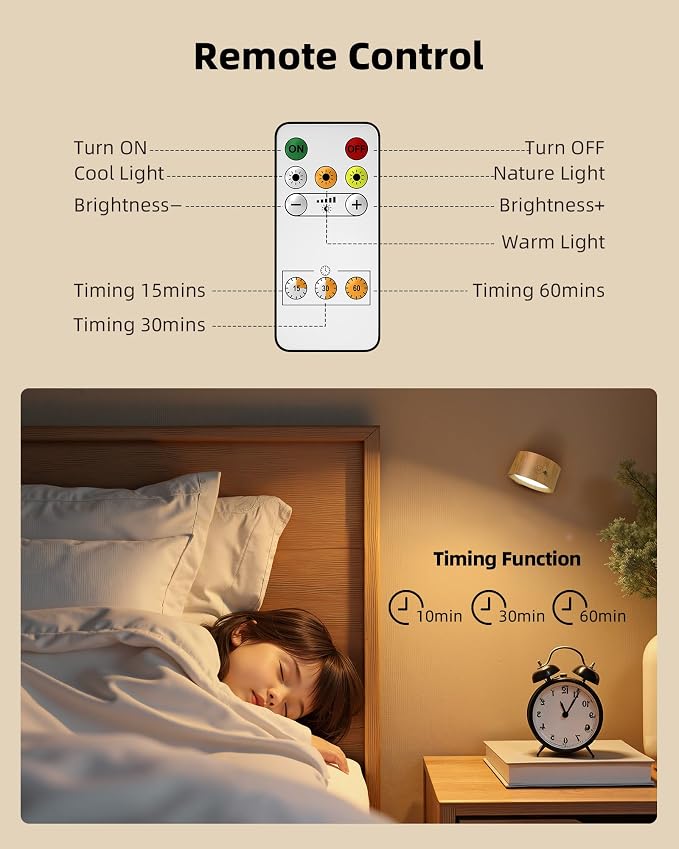 LED Wall Mounted Lights, Rechargeable Wall Sconces, 3 Color Temps, Remote & Touch, 360° Rotating and Dimmable for Bedroom, Bedside & Reading (Wood, 2 Pack)