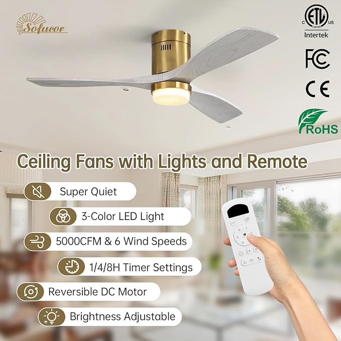 Sofucor 52 Inch Low Profile Ceiling Fans with Light, Modern Flush Mount Solid Wood Ceiling Fan with Airflow 5000CFM, Quiet DC Motor, 6 Speeds, Timer & Reversible for Bedroom Living Room, ETL, Gold