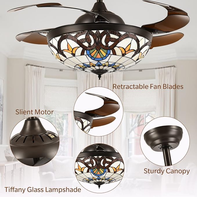 42" Tiffany Ceiling Fans with Lights Stained Glass Ceiling Fan Retractable Chandelier Fan with Remote Control Dimmable with 4 Reverse Blades for Bedroom, Living and Dining Room
