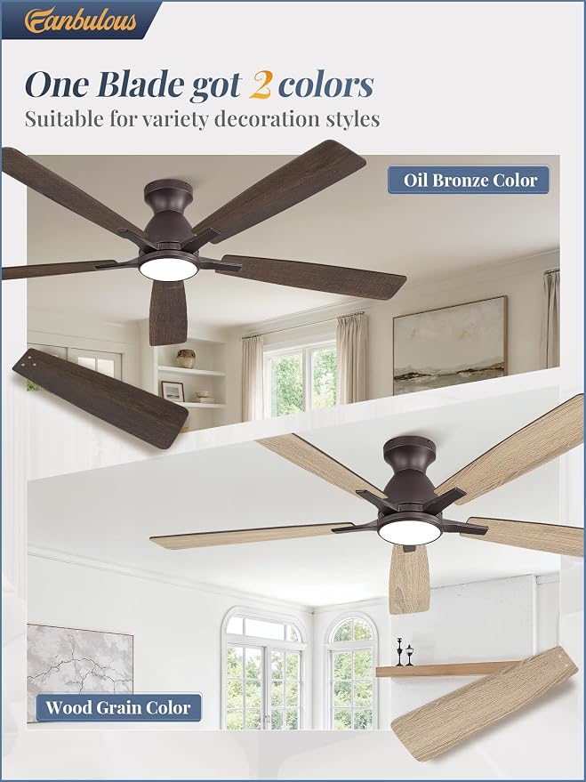 Fanbulous 60" Flush Mount Ceiling Fan with Light, Remote & App, Oil Bronze | 3CCT 20W LED, 6-Speed Quiet Reversible Motor, Modern Low Profile Flush Mount, Ideal for Bedroom/Living Room/Kitchen.