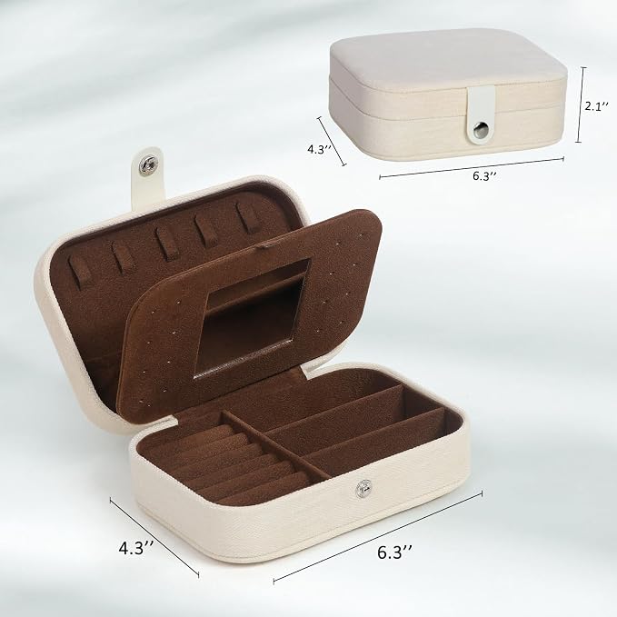 Hatori Travel Jewelry Box, PU Leather Small Jewelry Organizer for Women Girls, Double Layer Portable Mini Travel Case Display Storage Holder Boxes for Stud Earrings, Rings (White Mirror)
