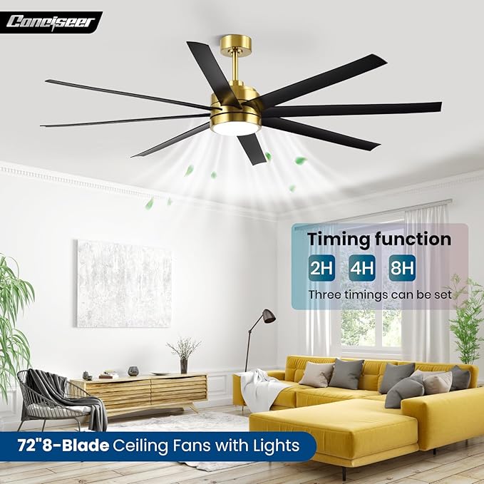 Conciseer 72 Inch Ceiling Fans with Lights and Remote for Living Room Kitchen Library Cafe Outdoor/Industrial Use, 3CCT Dimmable, Dual Color 8 Blades 6 Speed Reversible Quiet DC Motor, Gold/Black