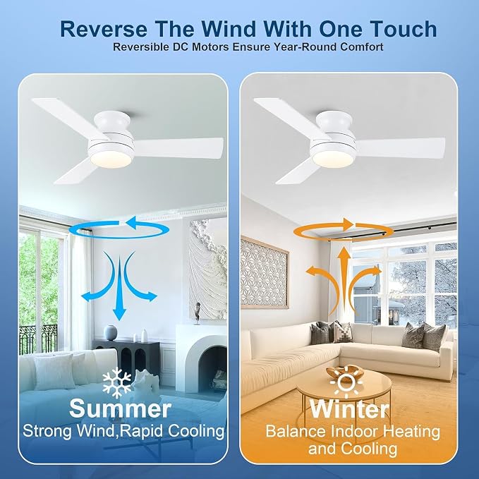 42 Inch Low Profile Ceiling Fan with Light Quiet for Bedroom,White | Flush Mount,Remote Control,Reversible DC Motor,Wood Blades,6 Speed,3CCT Dimmable for Bedroom,Living Room