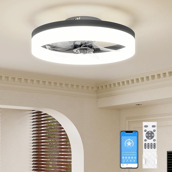 VOLISUN Low Profile Ceiling Fans with Lights and Remote, 15.7in Fandelier Ceiling Fan with Light, 3000K-6500K Dimmable Bladeless LED Fan Light, Black Flush Mount Ceiling Fans with Lights for Bedroom