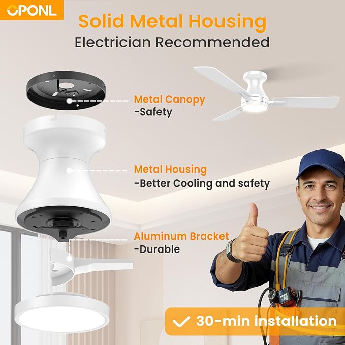 OPONL Ceiling Fan with Light, 42 inch Low Profile Ceiling fan with Light and Remote Control, Reversible, 6CCT, Dimmable, Noiseless, White Ceiling Fan for Bedroom, Indoor/Outdoor Use, Modern