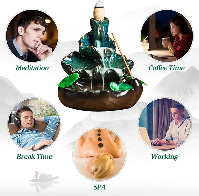 Cute Ceramic Backflow Incense Holder Waterfall Incense Burner with 48 Incense Cones and 30 Incense Stick, Incense Fountain for Home Decor, Desk Decor(Cyan)