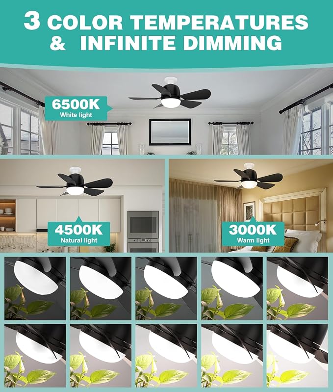 HK Socket Fan Light, 20 Inch Screw Ceiling Fans with Lights, 5 Speed E26/E27 Base Small Ceiling Fan, 3 Colors 3000K-6500K Dimmable Socket Fan with Light for Garage/Bathroom/Bedroom/Kitchen