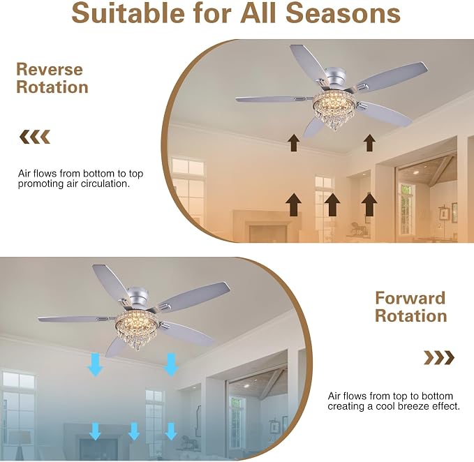 Crystal Ceiling Fan Fandelier with Lights-Ceiling Fans with Lights,54" Low Profile and Remote Control, Flush Mount, Reversible, Dimmable, Noiseless, Sliver Ceiling Fan for Bedroom