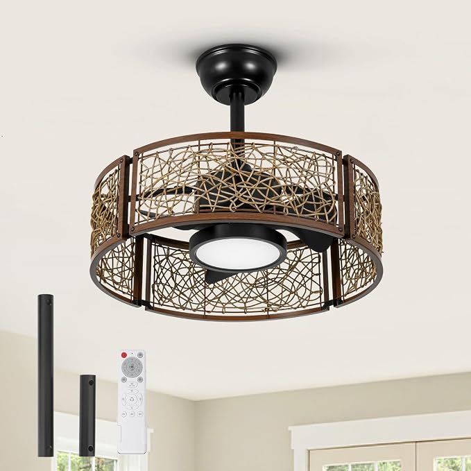 TALOYA 20 Inch Caged Ceiling Fans with Lights Chandelier Remote Control Flush Mount Low Profile for Bedroom Living Room Patio,Reversible,Buzzer Mute,Dimmable Led Light Included,Fandelier,Black Walnut