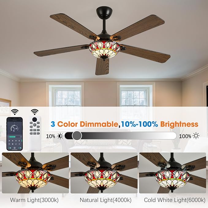 52" Tiffany Style Ceiling Fans with Lights, Vintage Chandelier Ceiling Fan with Stained Glass Shade, Dimmable LED, 6 Speeds Reversible for Bedroom (Red Petal)