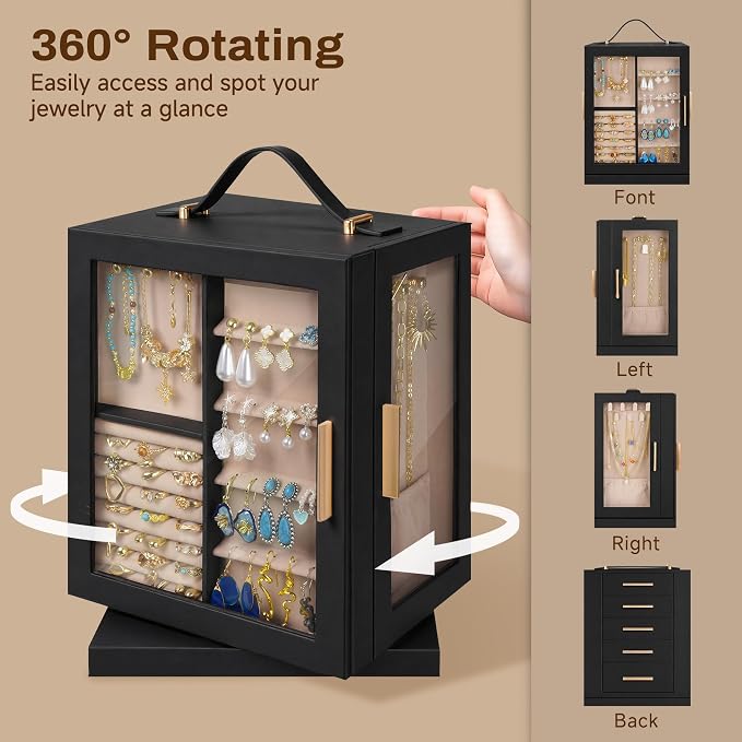 360° Rotating 5‑Drawers Jewelry Box with Top Handle & Glass Window, Spacious Vertical Jewelry Organizer, Jewelry Storage Case, Dustproof & Moisture‑resistant Design, Black