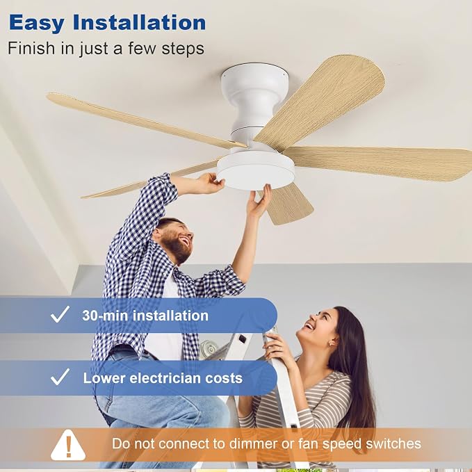 Depuley Small Ceiling Fan with Lights: 42-Inch Flush Mount Fan with Light and Remote - Low Profile Ceiling Fans Reversible Quiet DC Motor for Bedroom Living Room Indoor Outdoor, Wood Color