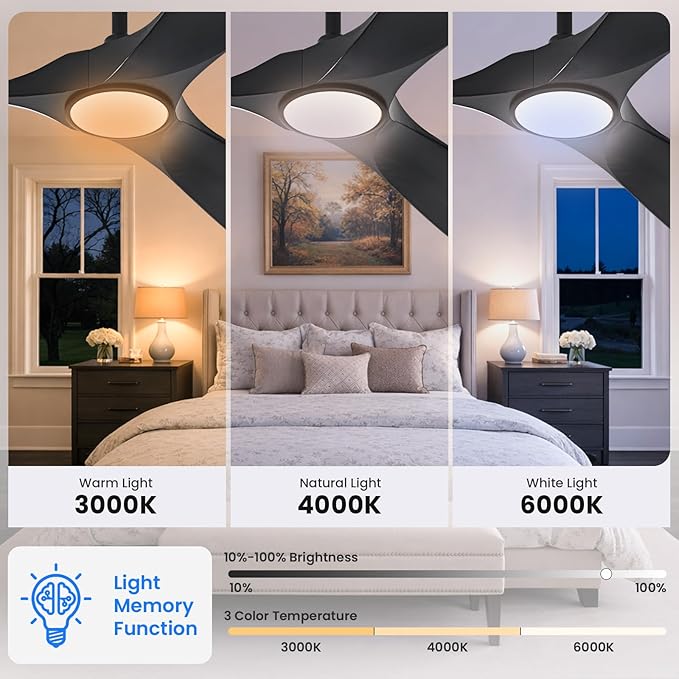 heimo 52 Inch Black Ceiling Fan with Light and Remote, Wood Outdoor Ceiling Fans with Lights Dimmable for Bedroom Living Room Patios Kitchen Modern 3 Blade Propeller Indoor Fan