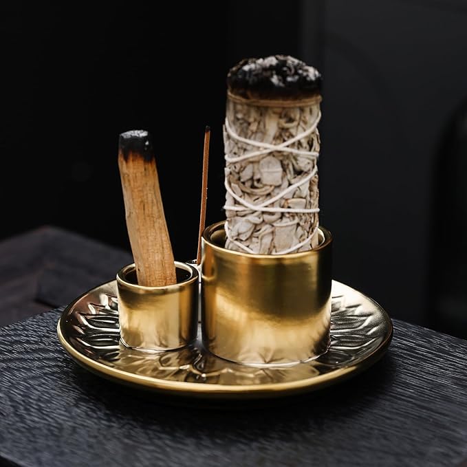 4 in 1 Incense Burner Holder with Ash Catcher, Gold-Plated Ceramic Tray for Burning Incense Sticks, White Sage, Palo Santo, Candle