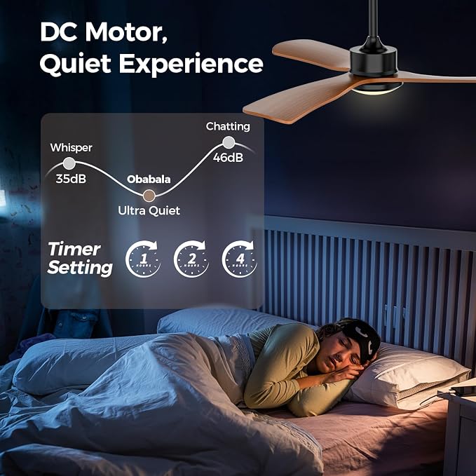 Obabala 52 Inch Ceiling Fan with Light and Remote,Solid Wood Blades, DC Motor Quiet 35dB, Dimmable LED Reversible for Bedroom Living Room Indoor Outdoor, 6 Speed Timer Downrod