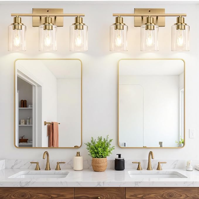 Indoi 3-Light Bathroom Light Fixtures, Brass Modern Vanity Lights with Clear Glass Shades, Bathroom Wall Lamp for Mirror Living Room Cabinet Bedroom Porch