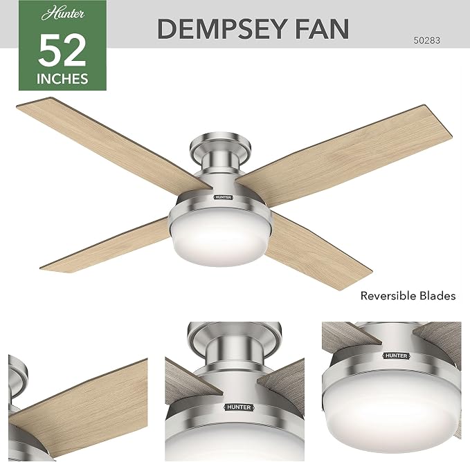 Hunter Dempsey, Indoor, Ceiling Fan, Modern, 52 inch, Brushed Nickel