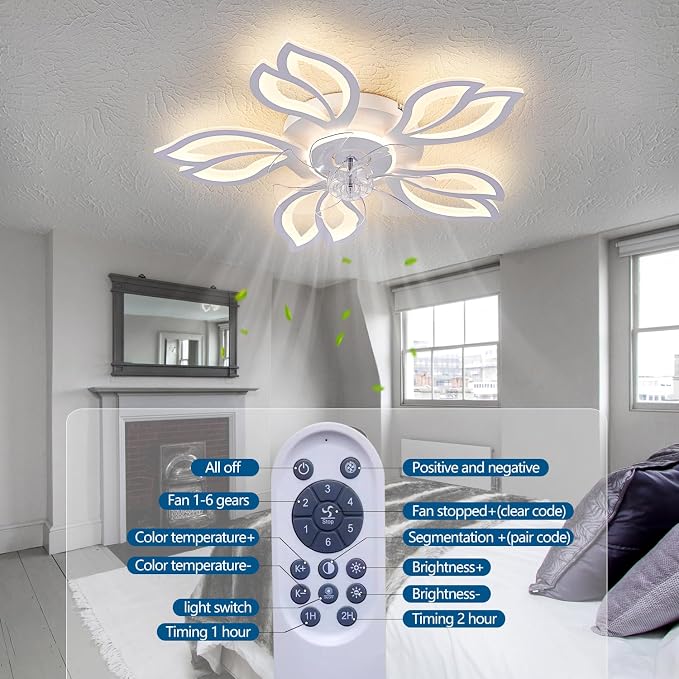 Dalouguan Ceiling Fan with Lights Remote Control, 26" White Modern Leaf 6 Speeds 3 Light Color Low Profile Flush Mount Ceiling Fan for Kitchen Bedroom